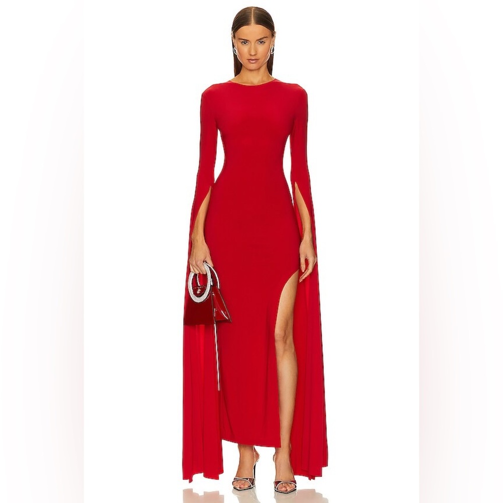 NWT Normal Kamali Open Back Ribbon Sleeve Wide Slit Gown Dress in Tiger Red